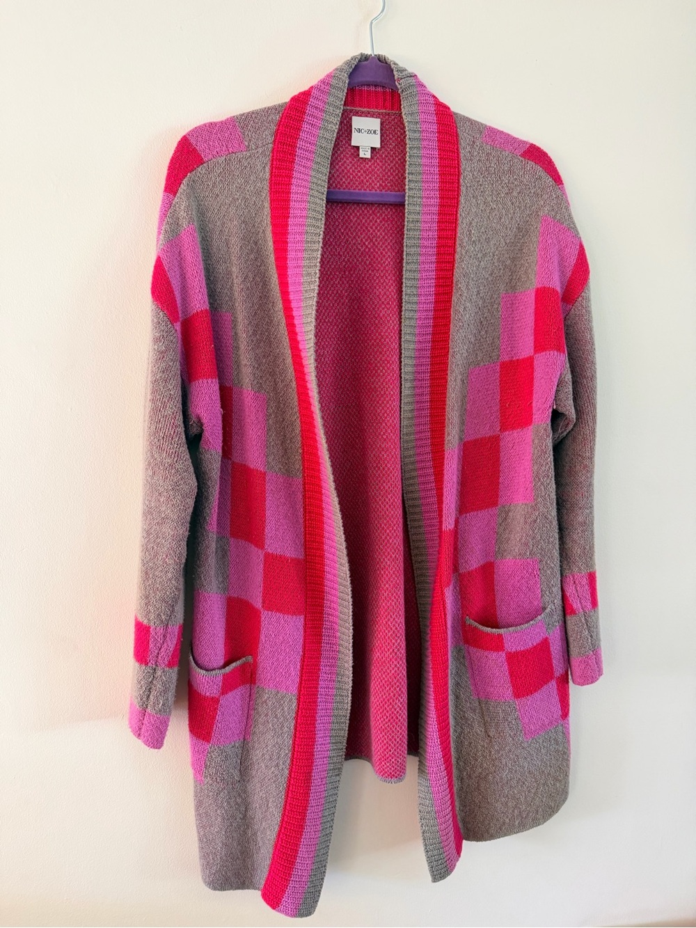 NIC+ZOE Pink and Gray Checker Open-Front Cardigan